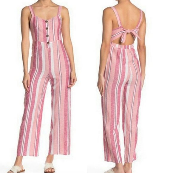 NEW Pink Striped Button Front Cutout Tie Open Back Linen Blend Jumpsuits $140 - Picture 2 of 8